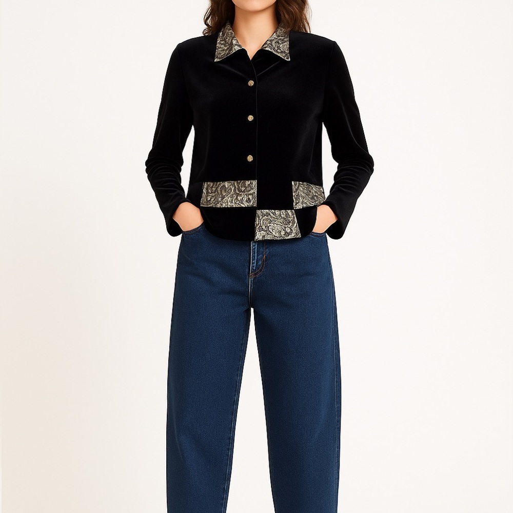 VINTAGE NOTATIONS Velvet Brocade Patchwork Button-Up Top | L | Black Gold | 90s - Picture 1 of 12